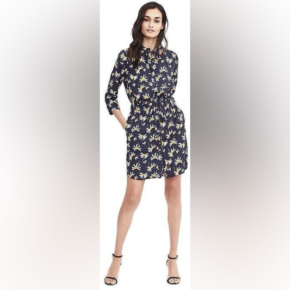 Banana Republic - Floral Dark Navy Dress with Yellow and White Daisies